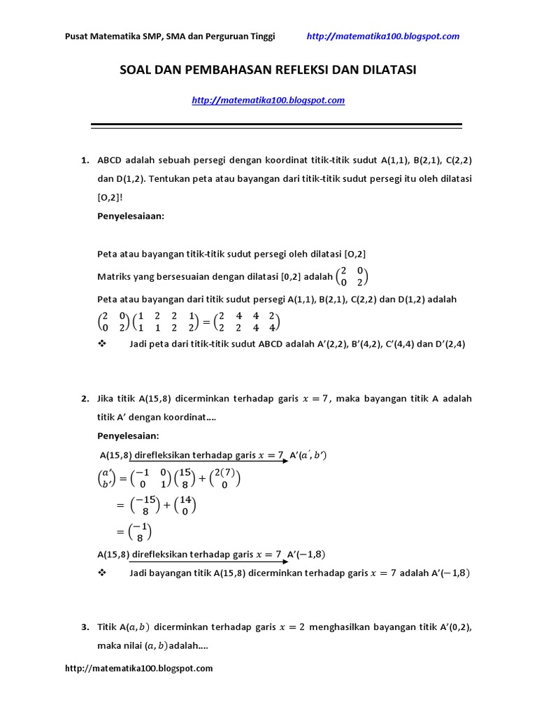 Soal Dan Pembahasan Refleksi Dan Dilatasi Matematika100