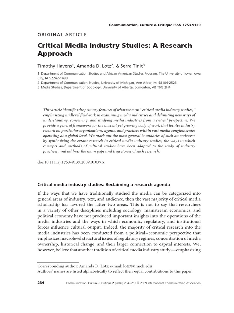 Critical Media Industry Studies Framework | PDF | Cultural Studies ...