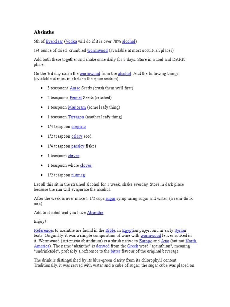 Absinthe Everclear Vodka Alcohol Wormwood PDF Beverages Nature