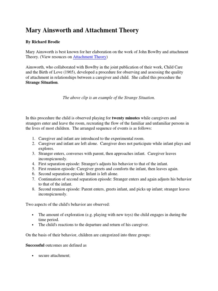 Mary Ainsworth and Attachment Theory Attachment Theory Human