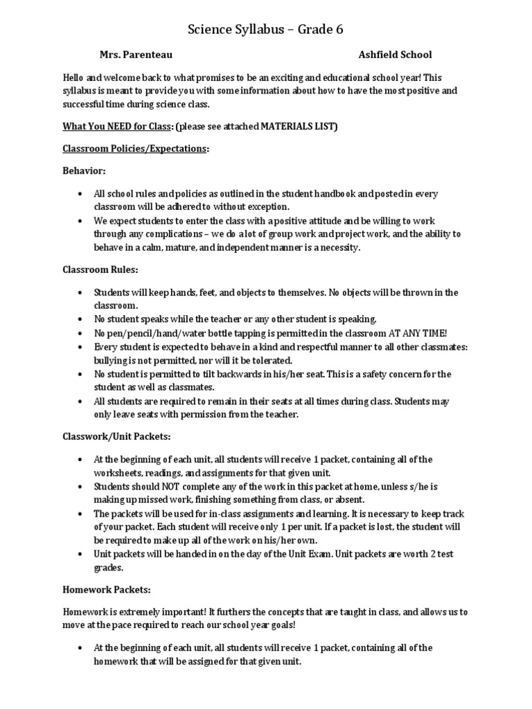 science syllabus grade 6 Homework Test (Assessment) Free 30day