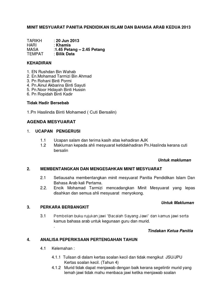 Minit Mesyuarat Panitia Pendidikan Islam Dan Bahasa Arab Kedua 2013