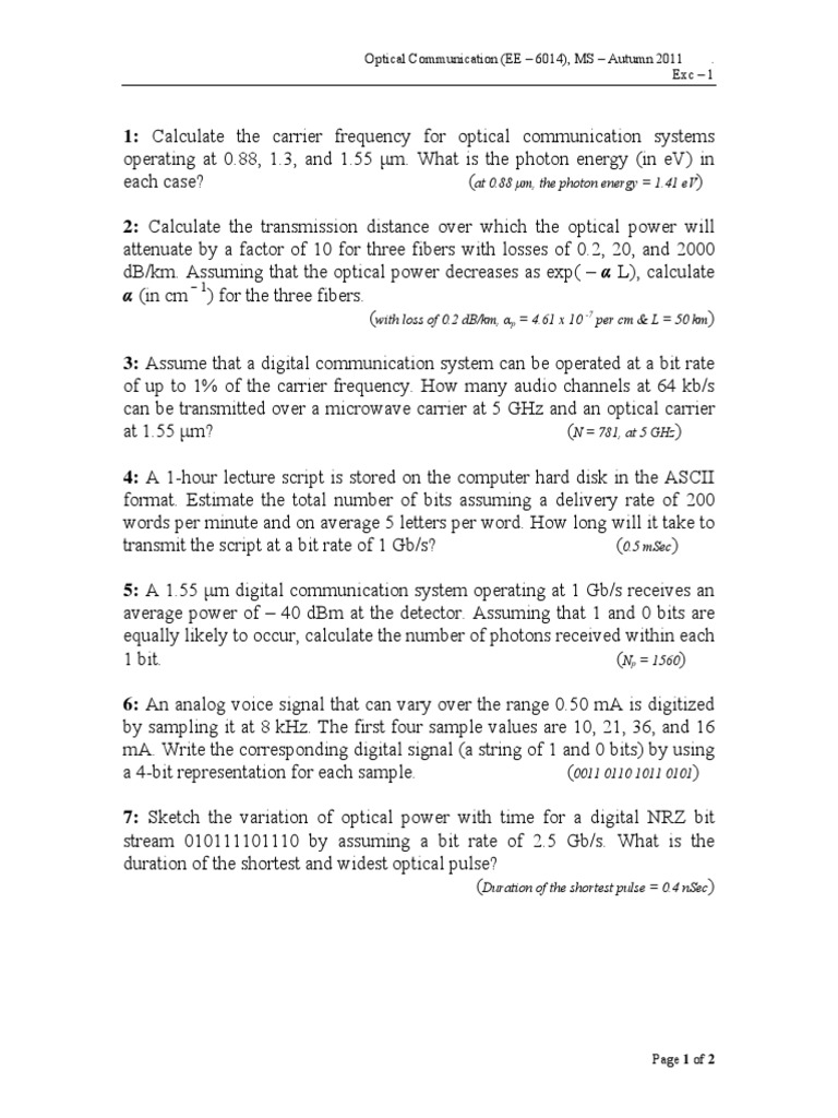 Solutions to Practice Problems in Optical Communication Systems
