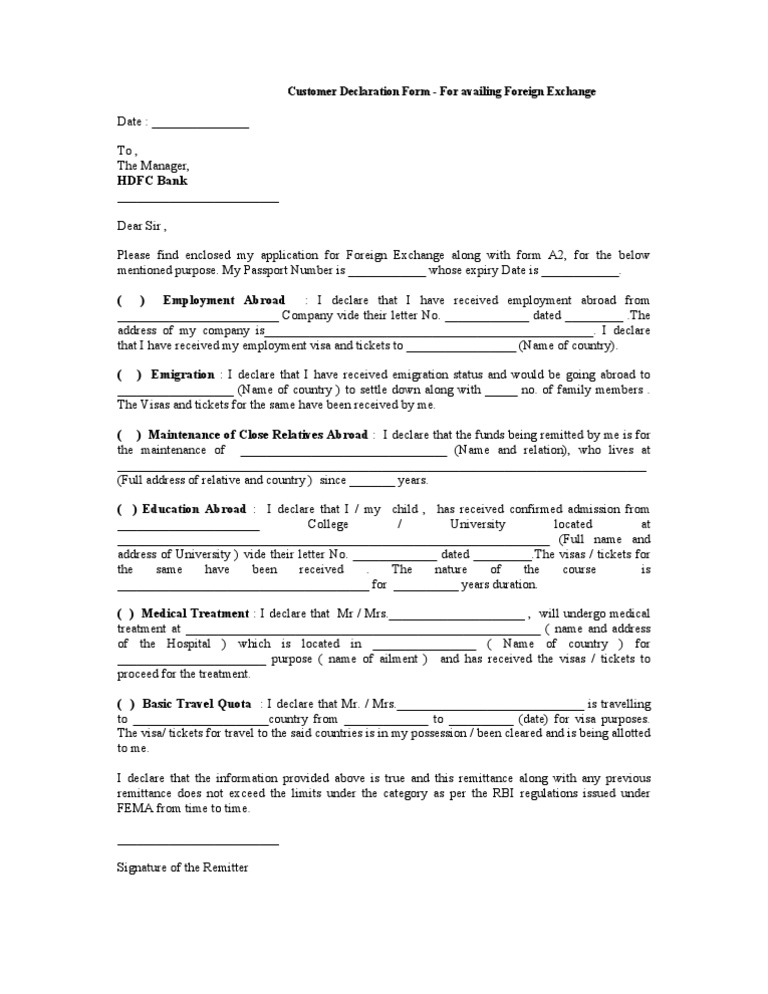 Declaration Foreign Exchange Travel Visa Immigration Law