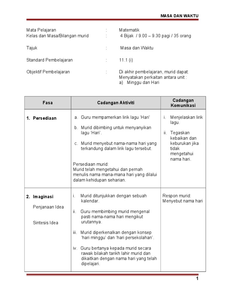 Contoh Rph Kssr Matematik Tahun 4 Masa Waktu Pdf
