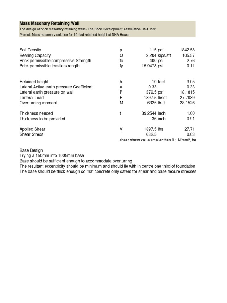 Masonry Retaining Wall Design Analysis | PDF | Brick | Wall