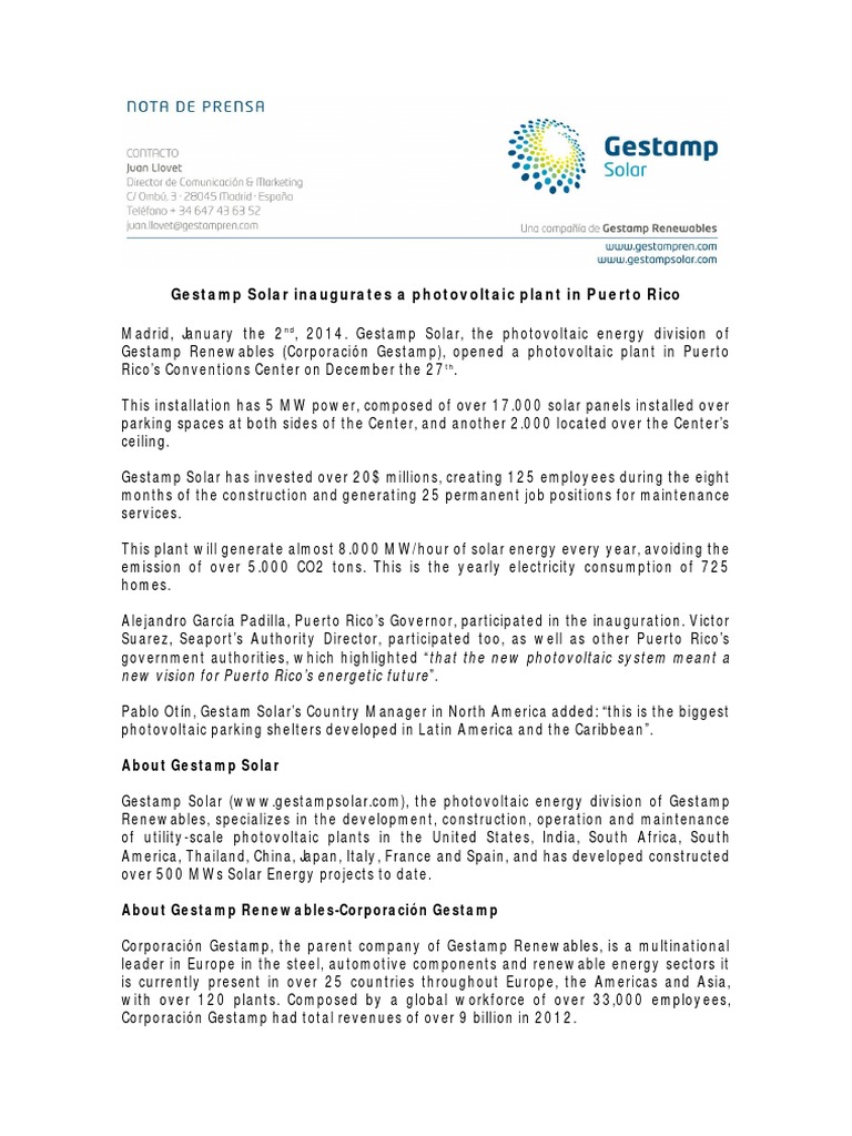 Gestamp Solar's New Puerto Rico Plant | PDF | Renewable Energy ...