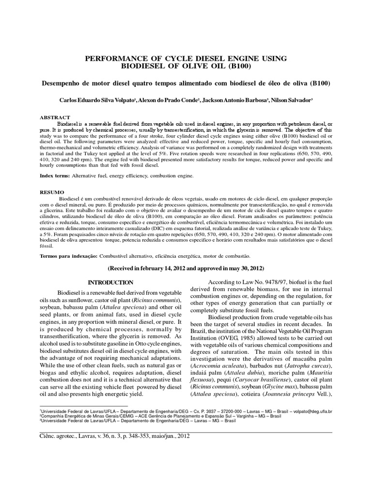 Performance of Cycle Diesel Engine Using Biodiesel of Olive Oil (b100 ...