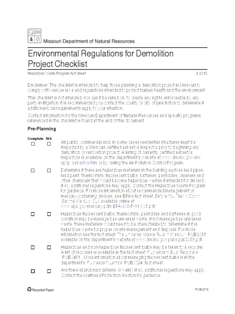 Missouri Demolition Project Checklist | PDF | Hazardous Waste ...