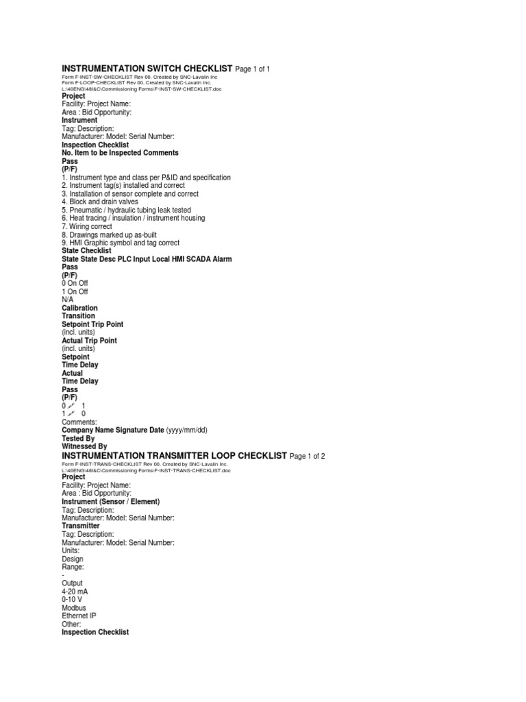 Instrumentation Switch Checklist | PDF | Instrumentation | Parameter ...