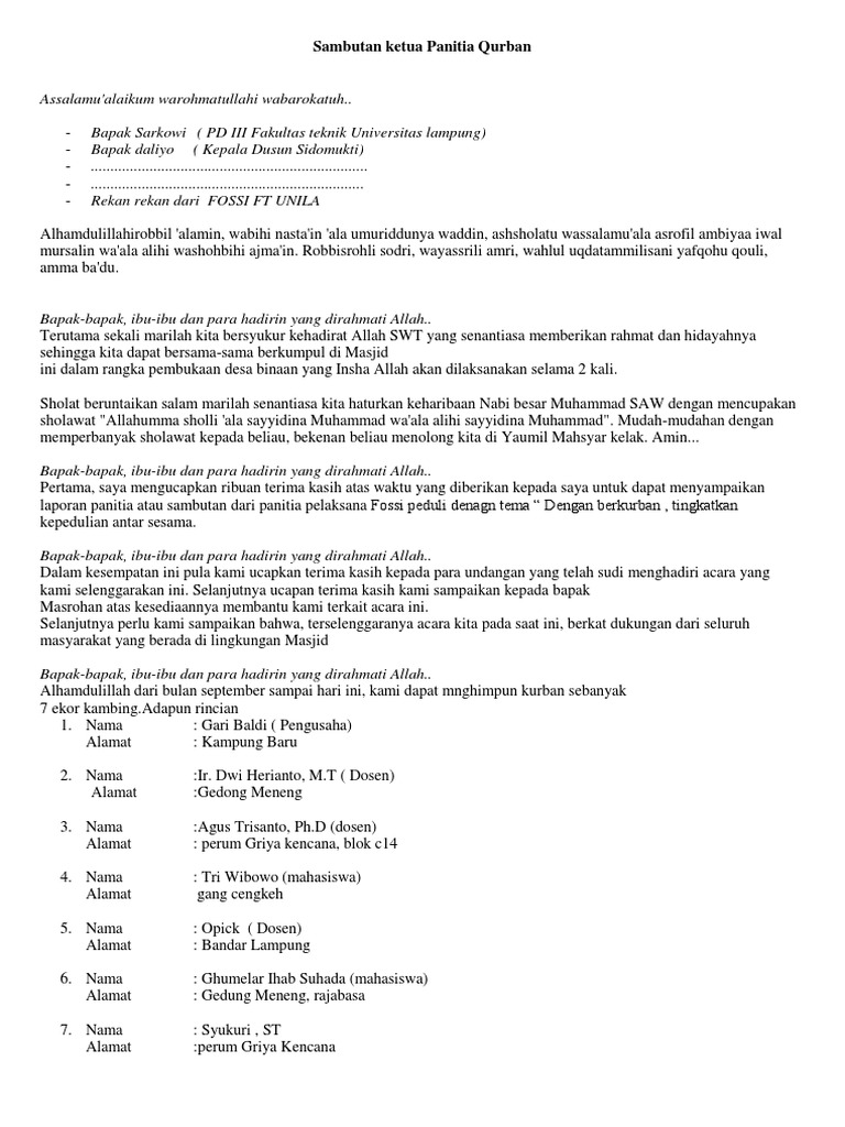 Sambutan Ketua Panitia Qurban