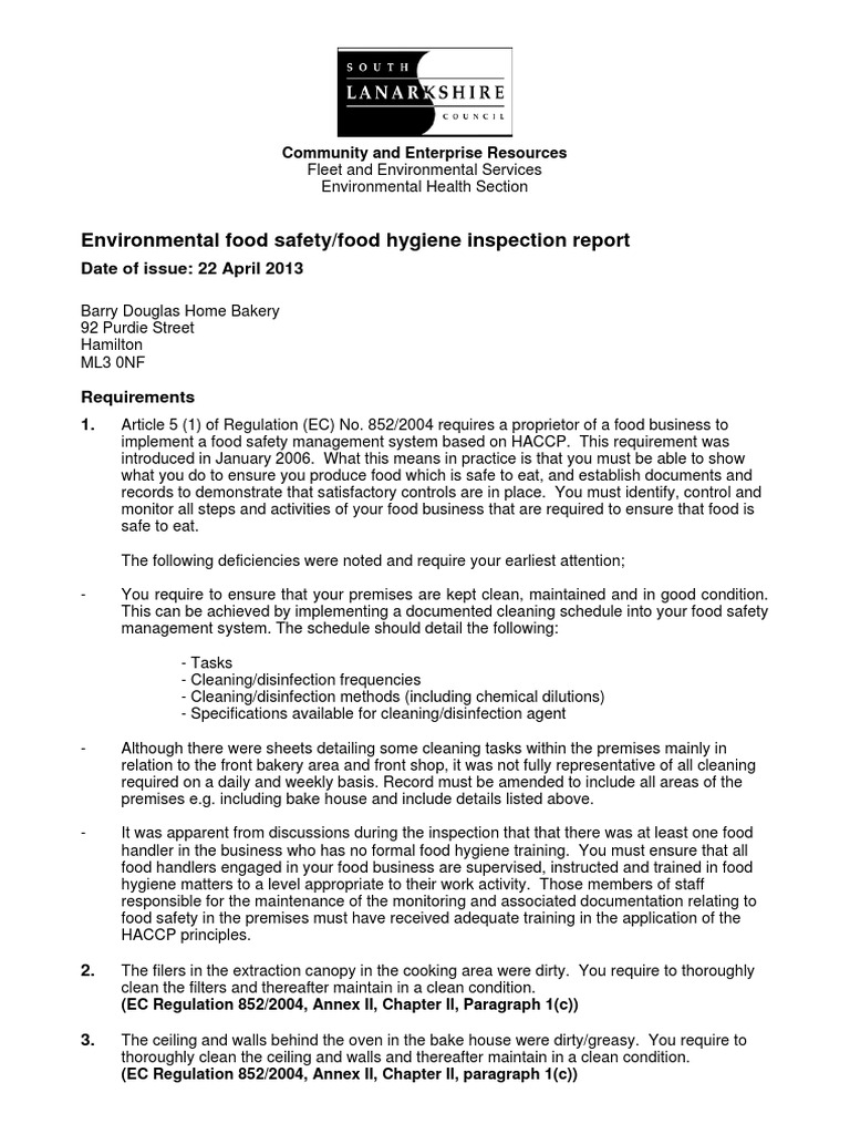 Environmental Food Safety/food Hygiene Inspection Report: Date of Issue ...