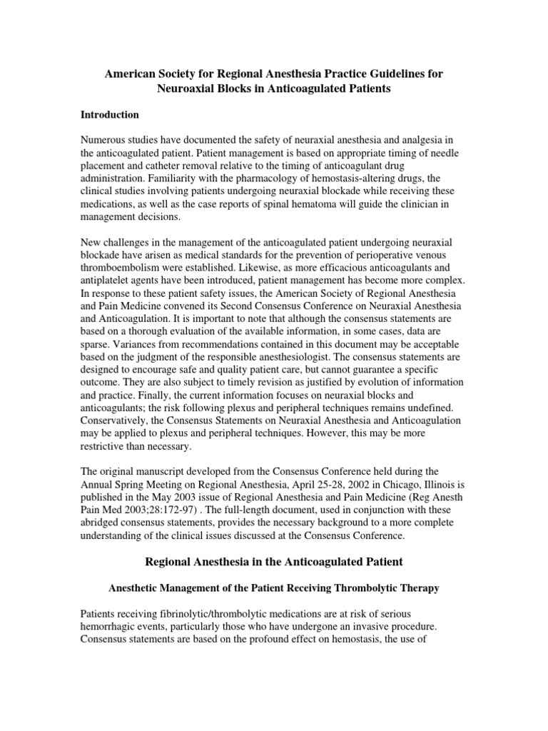 ASRA Guidelines for Neuraxial Anticoagulation | PDF | Anesthesia | Bleeding