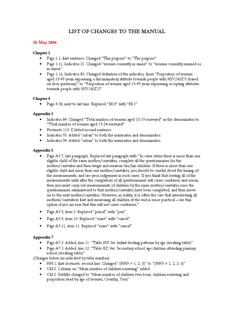 Changes To The Manual 20060526 | PDF | Questionnaire