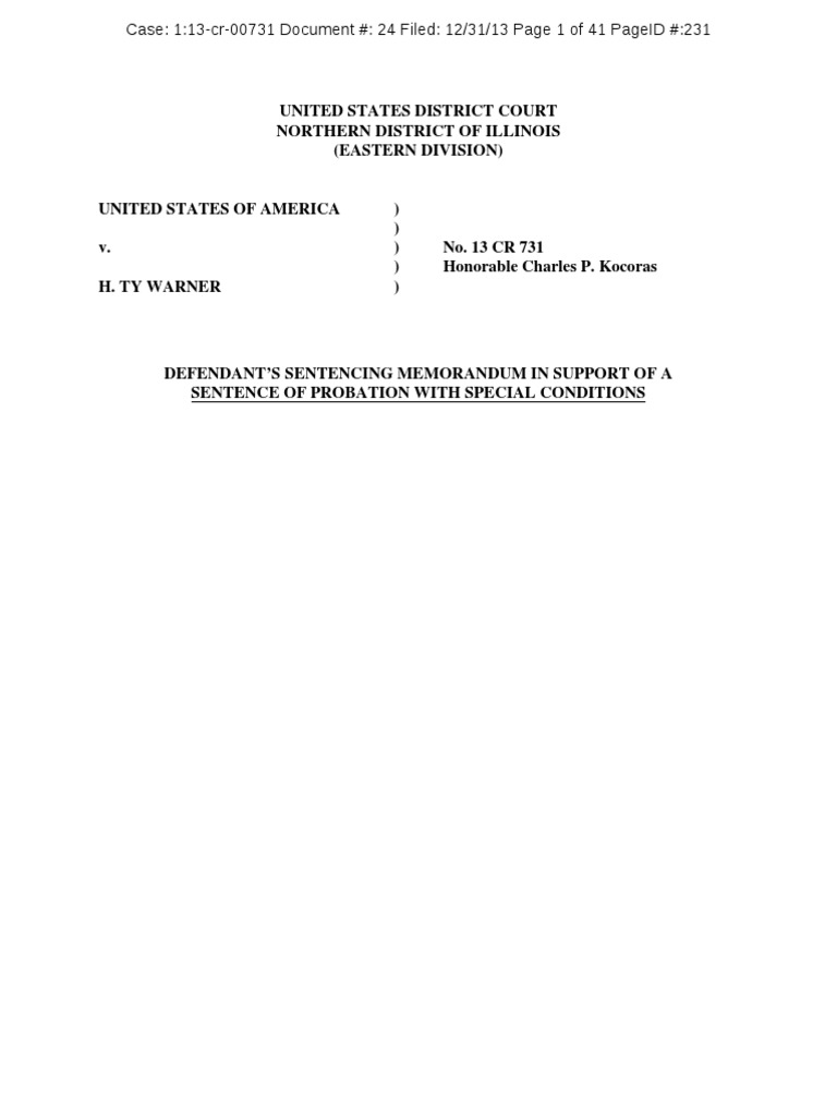 Ty Warner Filing Ahead of Sentencing On Tax Evasion Conviction PDF