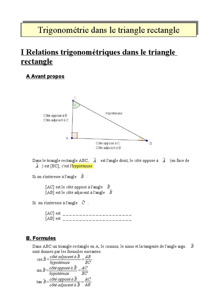 Calcul Coté Opposé Triangle Rectangle Trigonometriefff | PDF | Fonction trigonométrique | Géométrie euclidienne