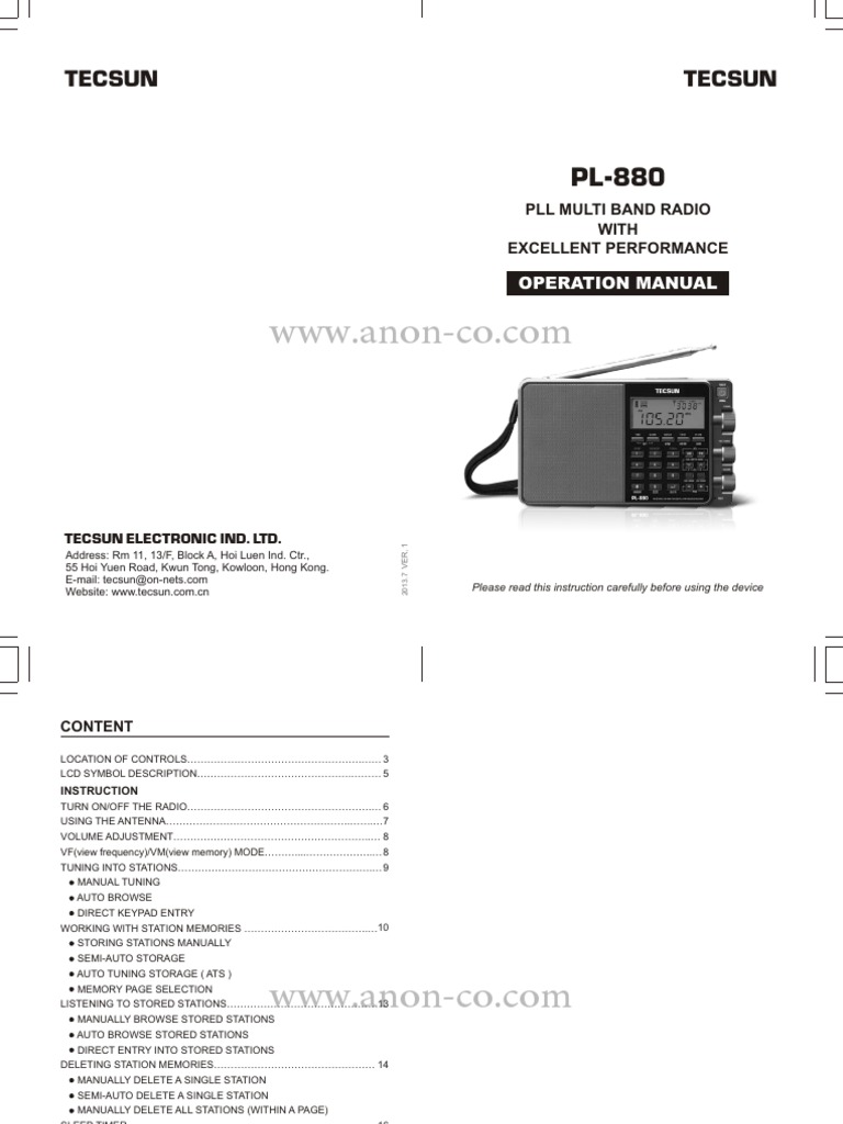 Tecsun Pl880 Manual PDF Am Broadcasting Radio