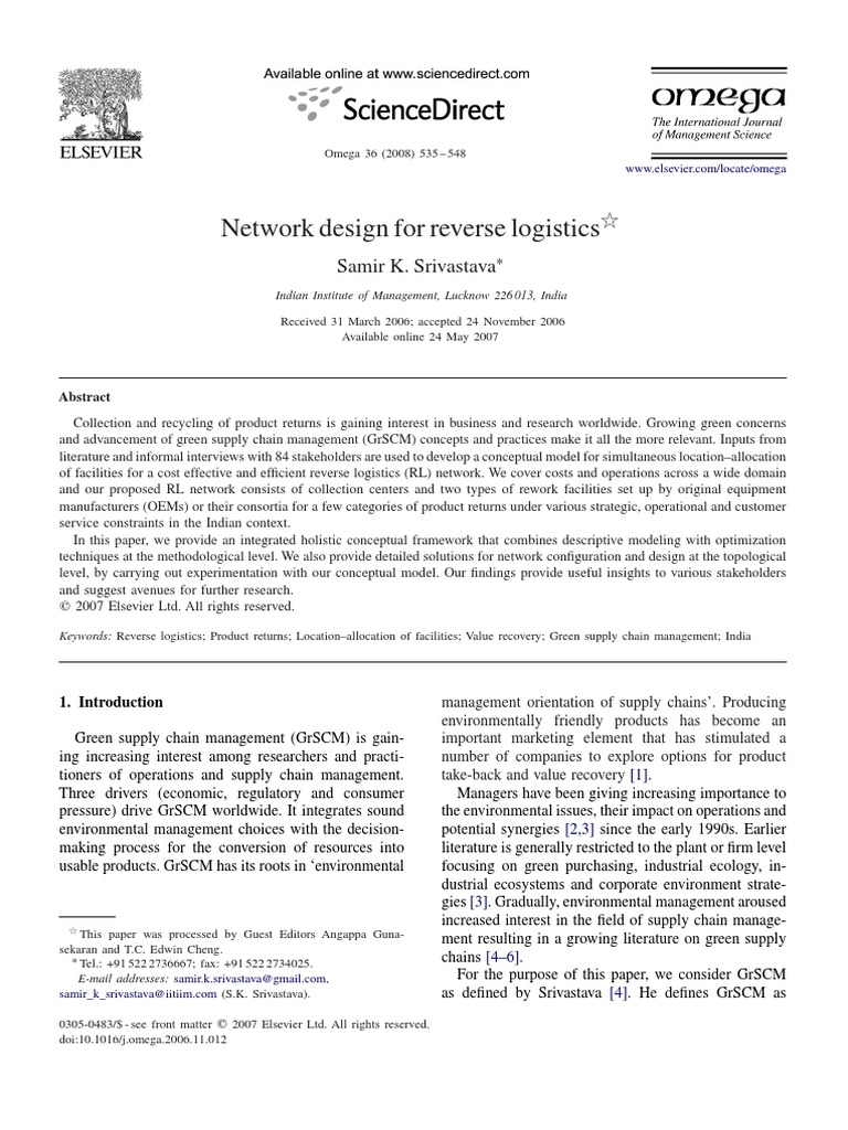 Srivastava (2007), Network Design For Reverse Logistics | PDF | Supply ...