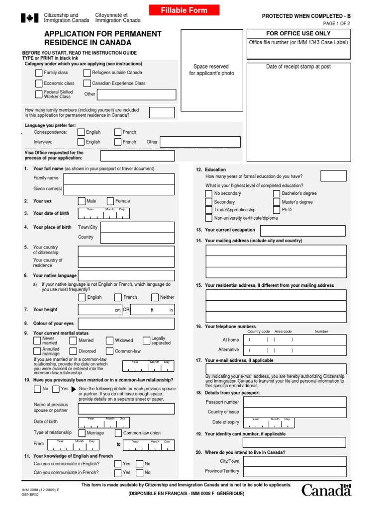 1 Application For Permanent Residence In Canada Imm 0008 Pdf Identity Document Human Migration