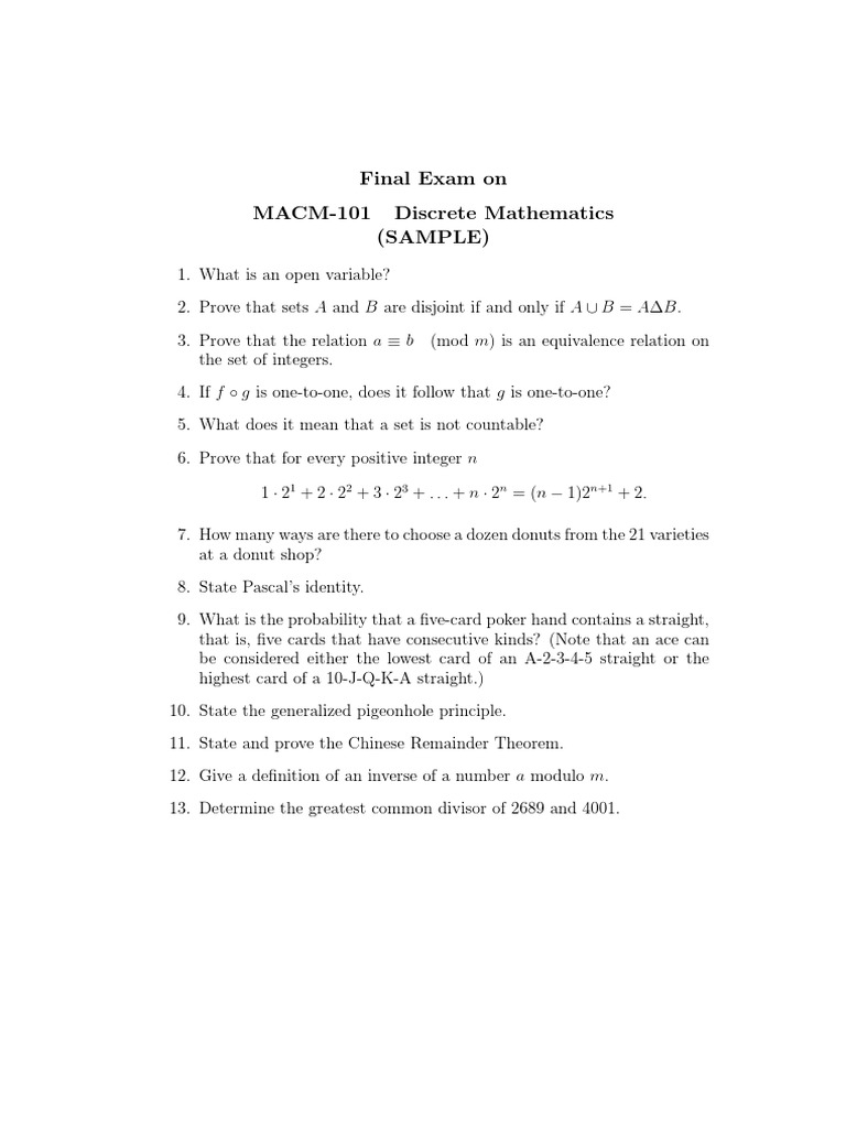 MACM 101 Final Exam Sample Questions | PDF