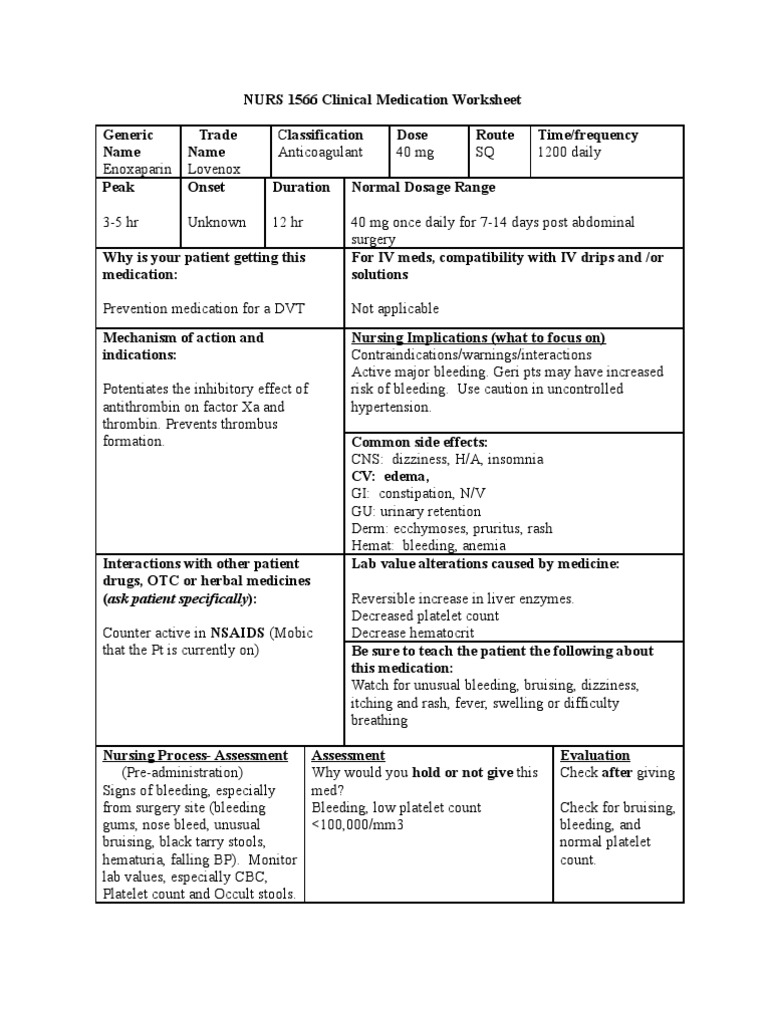 Drug lovenox Bleeding Platelet