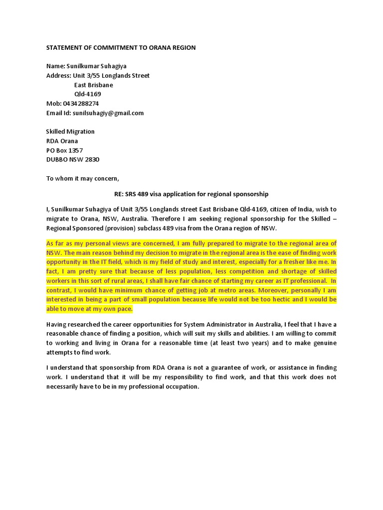 sample visa 489 of Region of to Commitment Example Statement Orana (1)