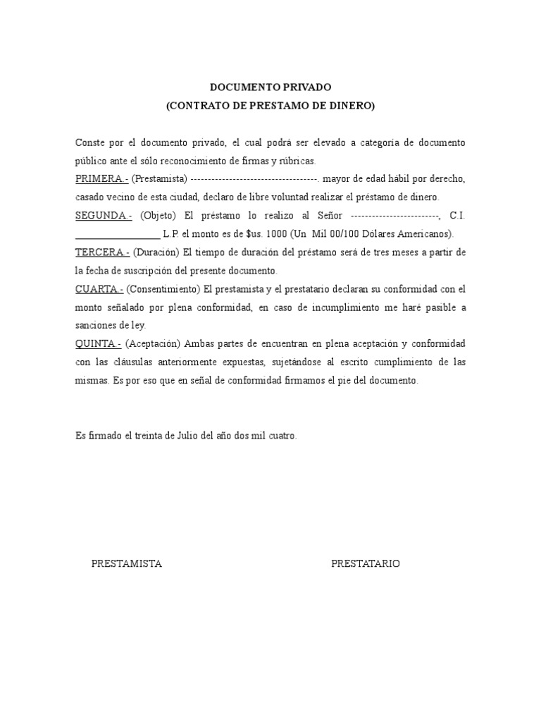 documento de préstamo de dinero