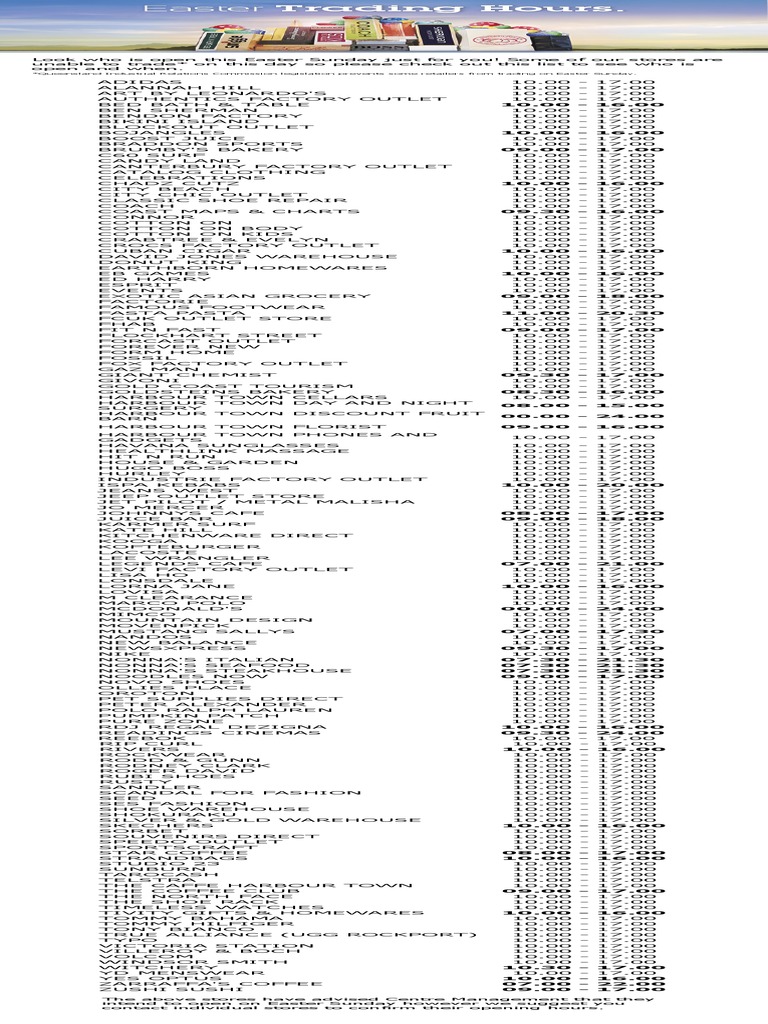 Easter Sunday Store Hours Guide | PDF | Retailing | Retailers
