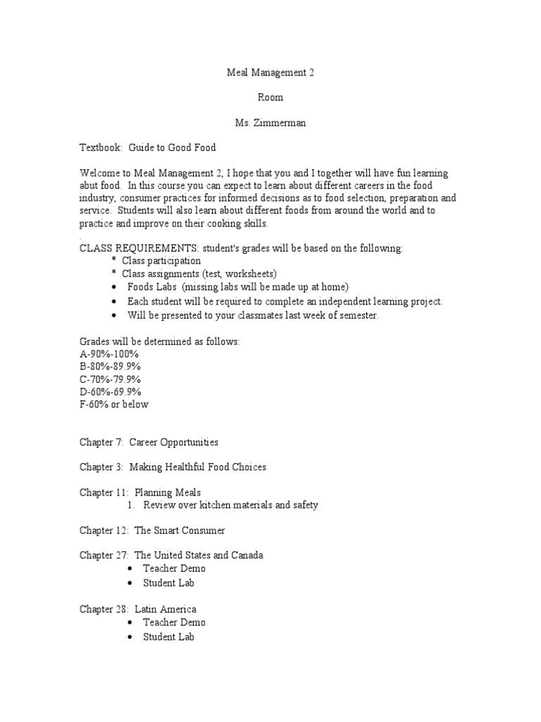 Meal Management Syllabus