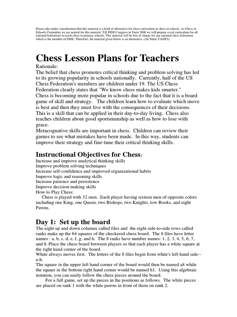 Chess Lesson Plans for Kids | PDF | Chess Strategy | Chess Theory