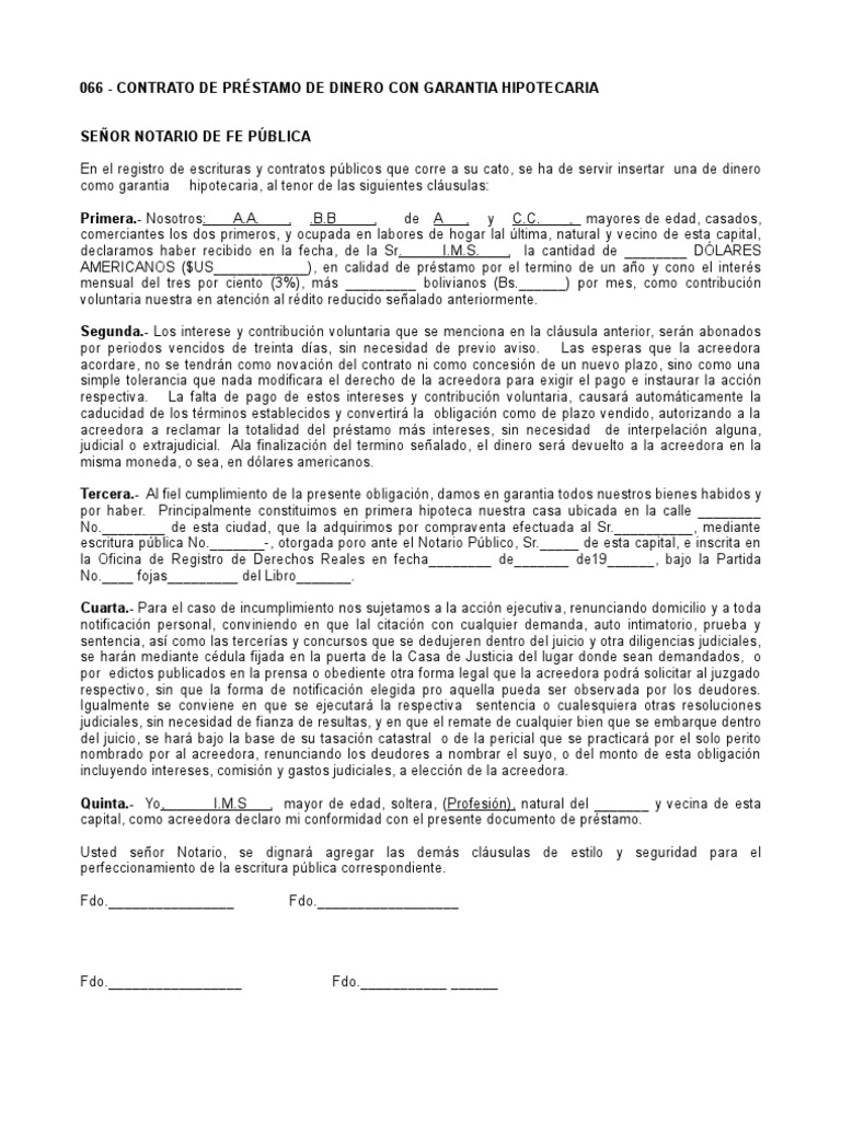 contrato de prestamo con garantia inmobiliaria