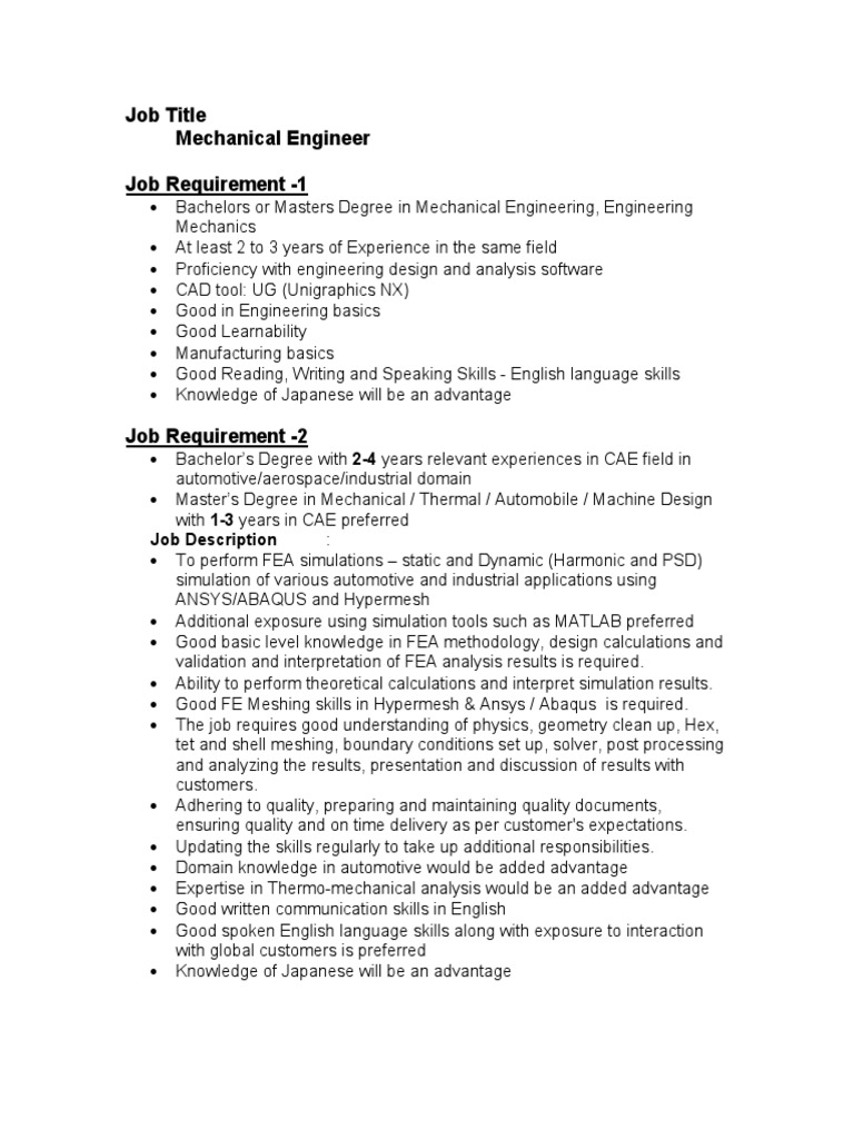 JOB Description Mech Design Simulation | PDF