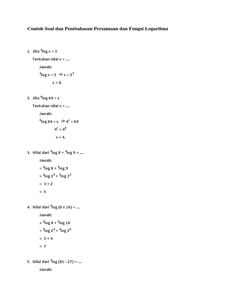 Contoh Soal Dan Pembahasan Persamaan Dan Fungsi Logaritma Pdf