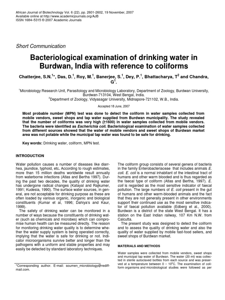 Bacteriological Examination of Drinking Water | PDF | Drinking Water ...