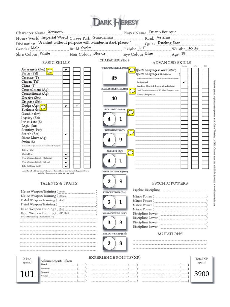 Dark Heresy 2nd Edition Form Fillable Character Sheet Pdf - Printable ...