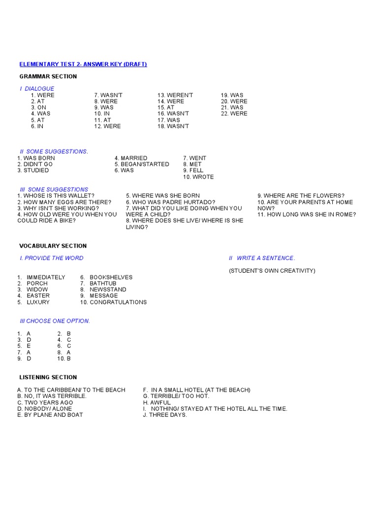 Elementary Test 2 Answer Key | PDF