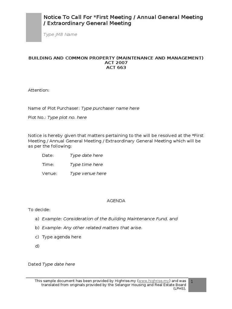 Notice To Call For First Meeting / Annual General Meeting ...