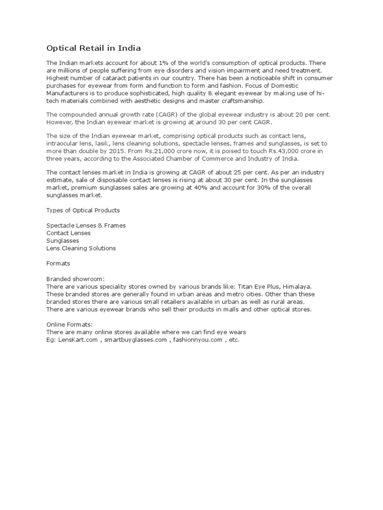 Study of Two Optical Retail Chains in India PDF Sunglasses Retail