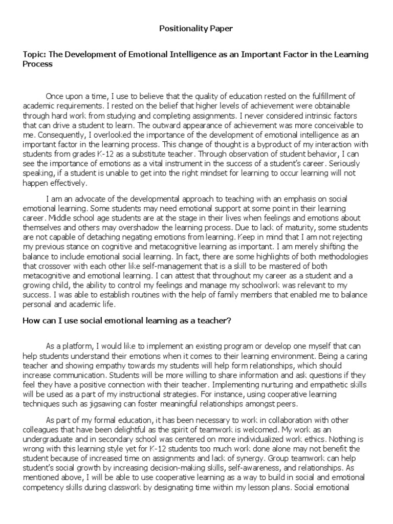 Positionality Paper Topic The Development of Emotional Intelligence as