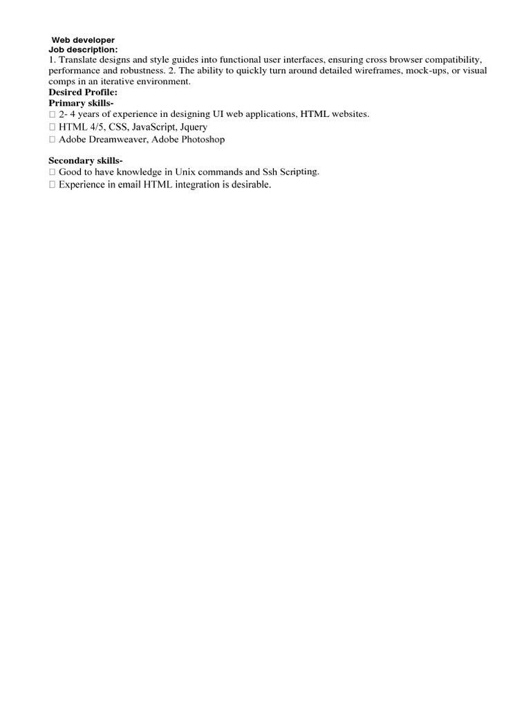 Web Developer Job Description & Skills | PDF | Computers