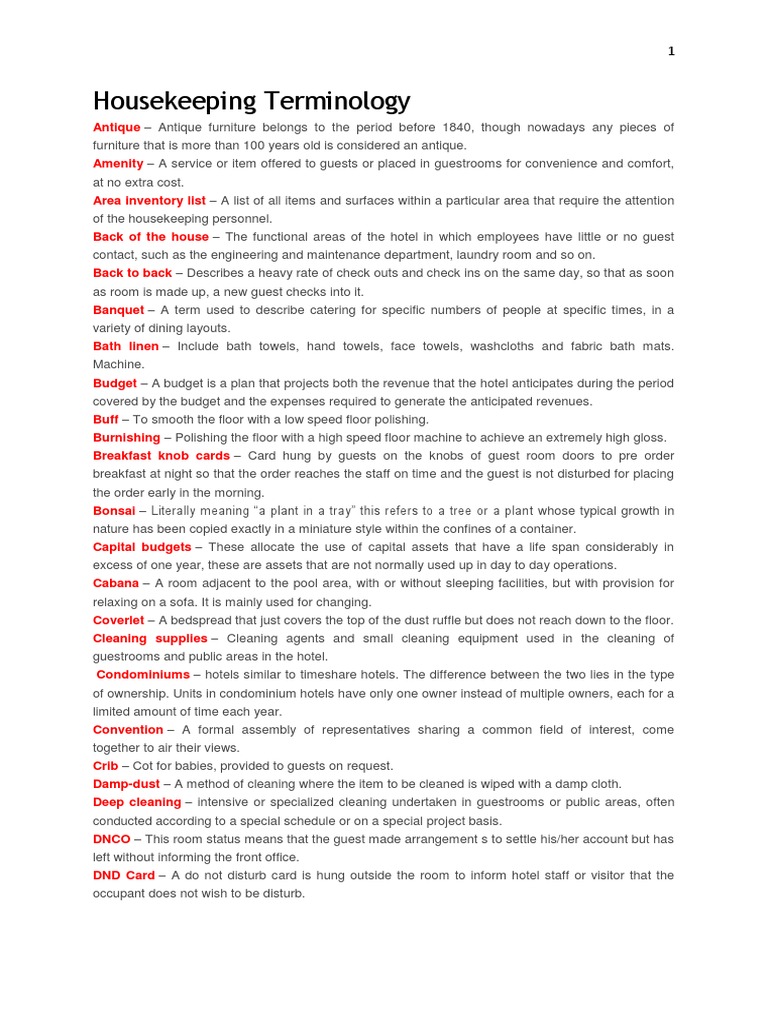 Housekeeping Terminology Explained | PDF | Wi Fi | Hotel