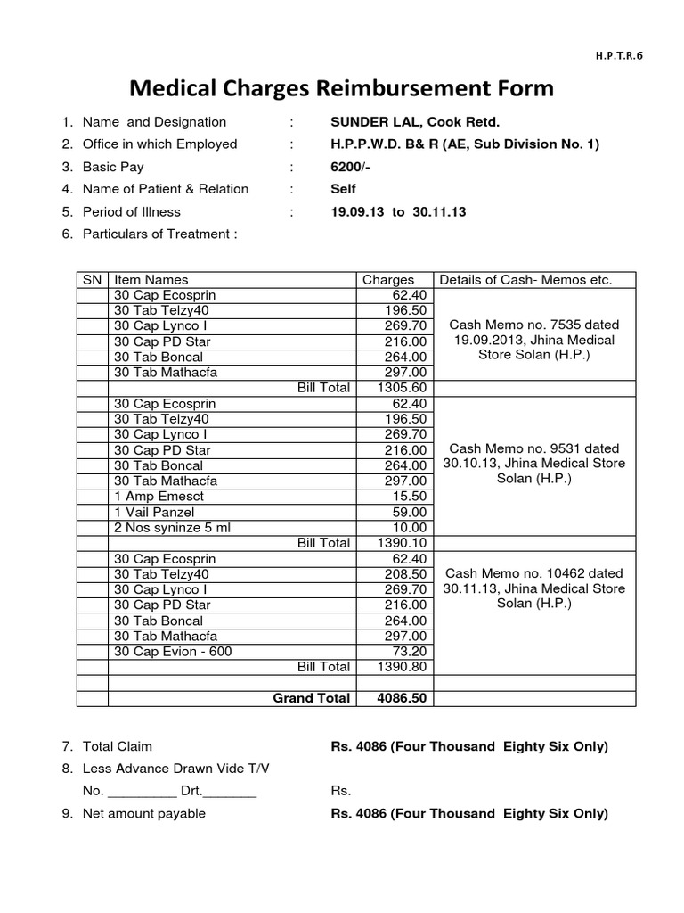 Medical Charges Reimbursement Form PDF