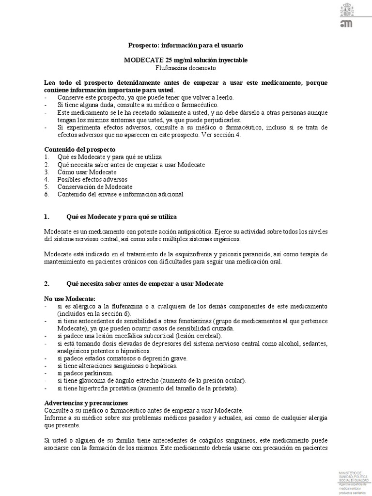 Modecate: Uso y Efectos Secundarios | PDF | Medicamentos con receta ...