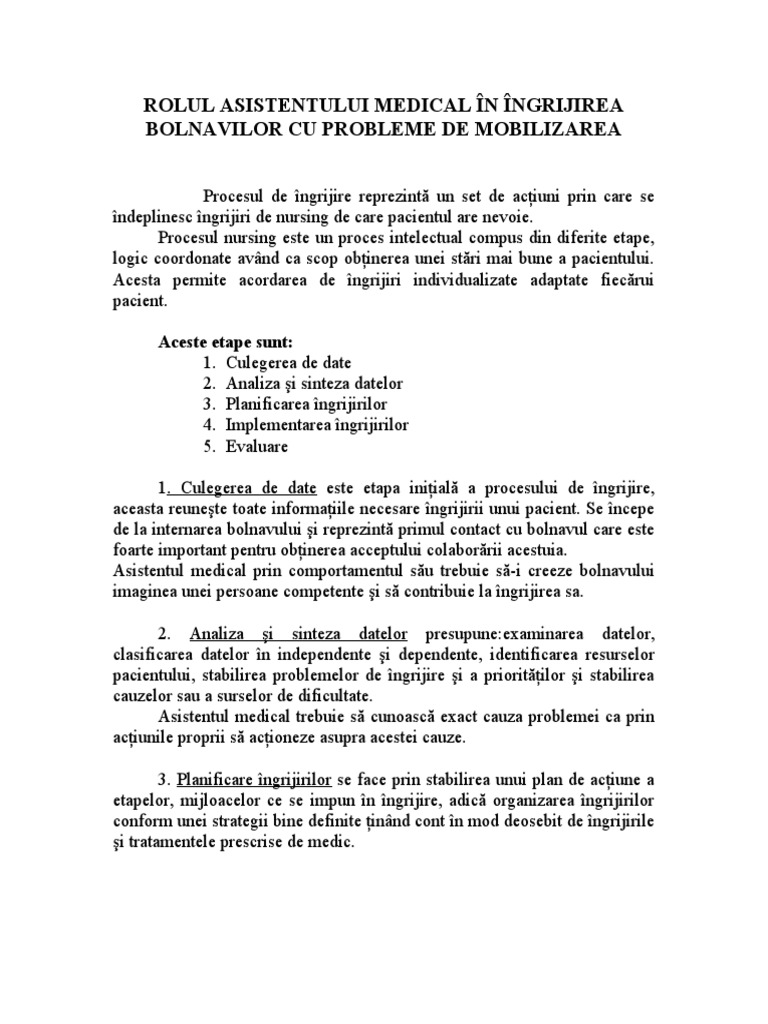 Rolul Asistentului Medical In Ingrijirea Bolnavilor Cu Probleme De Mobilizarea