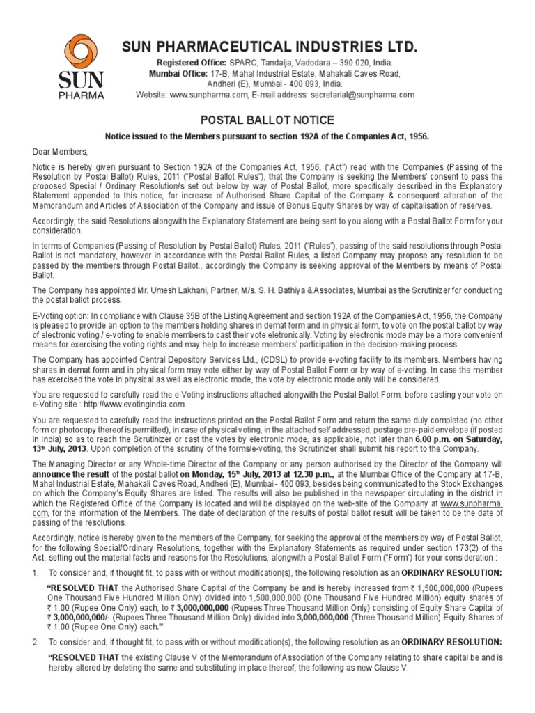 Sun Pharma Postal Ballot Notice | PDF | Dividend | Stocks