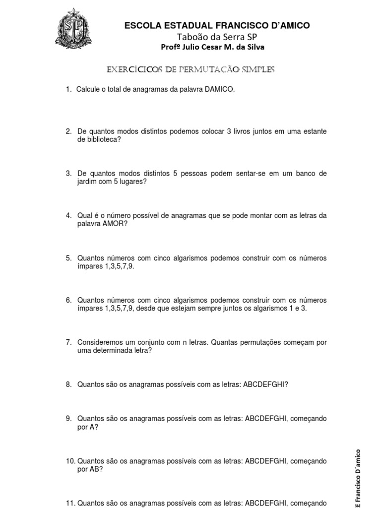 Exercícios de Permutação Simples