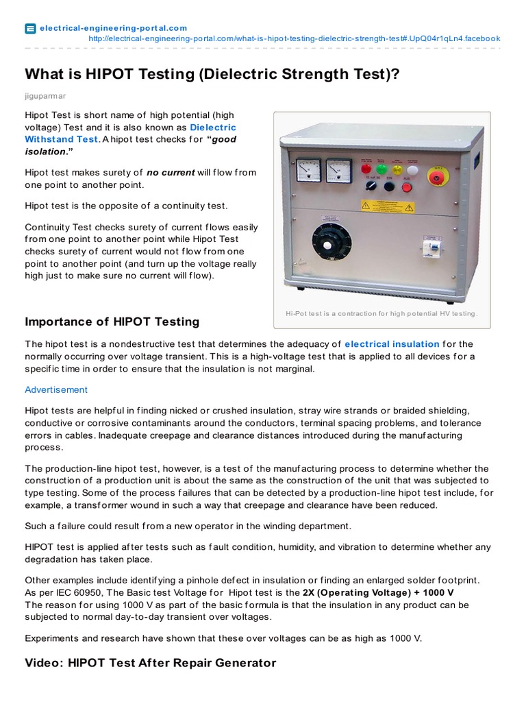 HIPOT Testing: Procedure and Importance | PDF | Insulator (Electricity ...