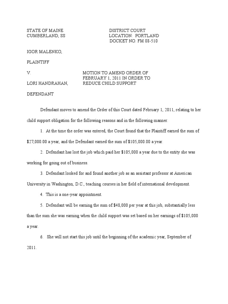 Handrahan Motion To Reduce Child Support PDF Child Support Social