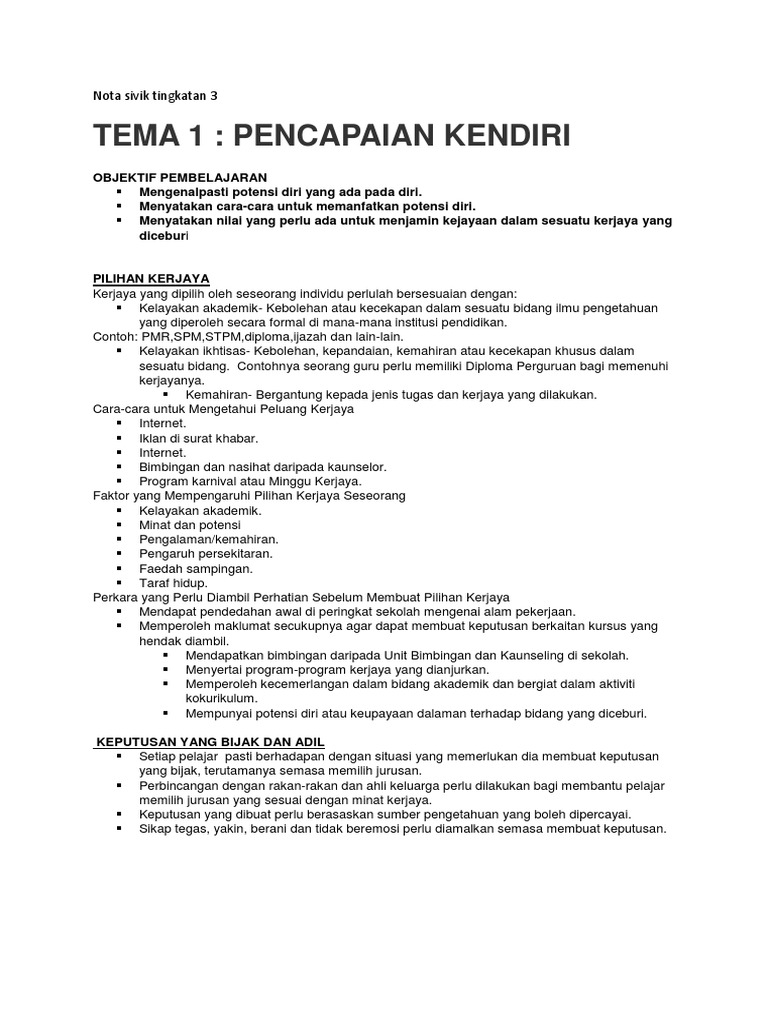 Tema 1 Pencapaian Kendiri Pdf