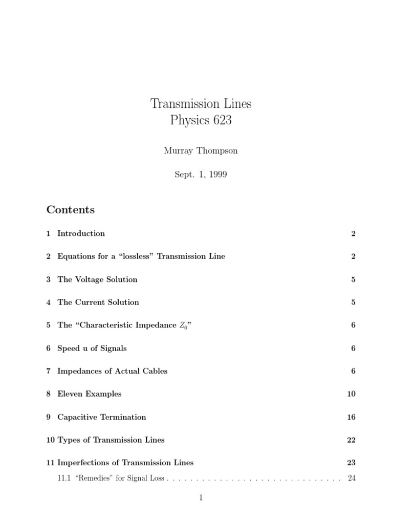 Transmission Lines Physics 623: Murray Thompson Sept. 1, 1999 | PDF